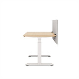 ofinto Akustik-Trennwand grau 160cm x 60cm montiert am höhenverstellbaren Schreibtisch Elevate - Seitenansicht Anwendungsbeispiel Büro-Setup