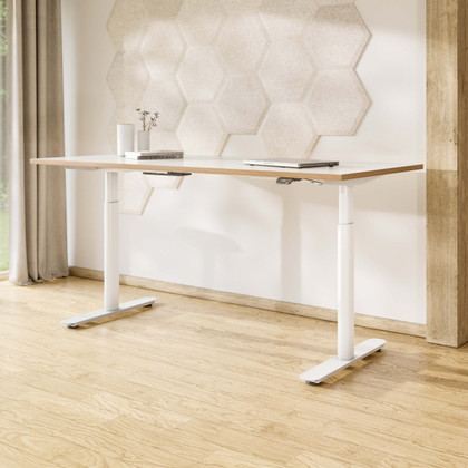 ofinto Bürotisch Rise mit Tischplatte Weiss-Holz und weissen Beinen ohne Kabelmanagement