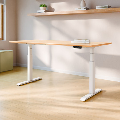 Bureau Elevate réglable en hauteur ofinto Elevate avec pieds blancs et plateau en bois naturel sans système de gestion des câbles
