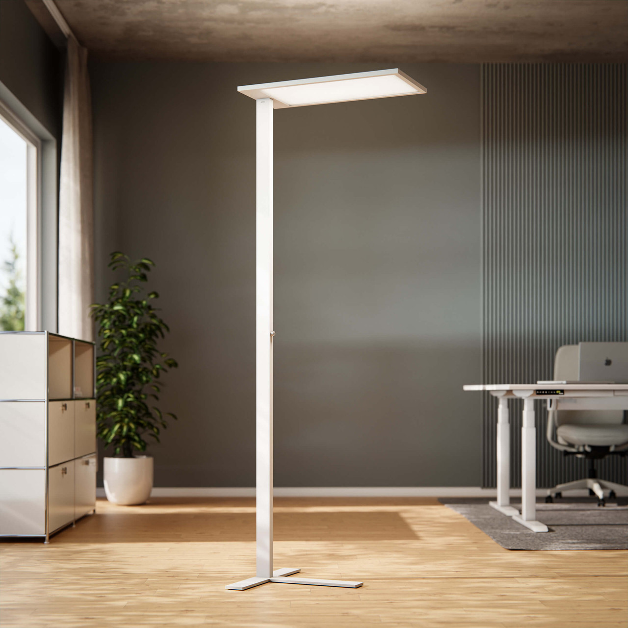 ofinto Floor Lamp Lumino White Freestanding - modern LED floor lamp with a rectangular light panel and a slender metal base; ergonomic office lighting next to a height-adjustable desk and an ergonomic office chair in a minimalist home office;data=main -f-white-color -f-white-color -f-white-color -badge--ofinto-certificate-minergie.png--topleft