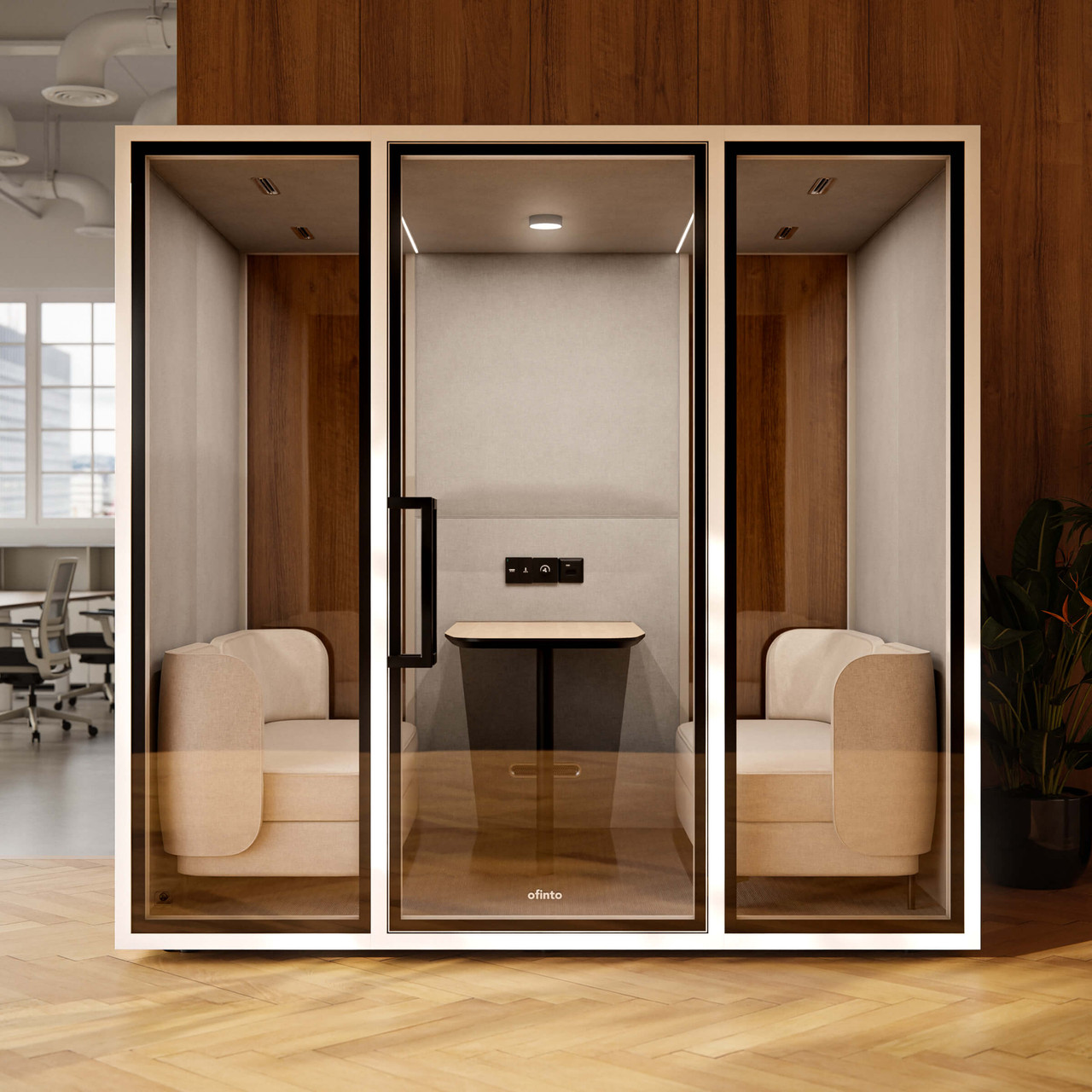 Focus Meet phone booth with furniture in a modern office featuring wood paneling, hardwood floors, and a plant;data=main -f-with-furniture-möbel -f-with-furniture-meubles -f-with-furniture-furniture