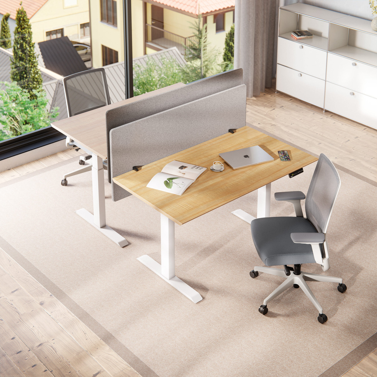 ofinto Acoustic Partition, Gray, 140 cm x 60 cm, in a Modern Office - Bird's-eye view of two height-adjustable Elevate desks Elevate an acoustic partition for noise protection in an open-plan office;data=main -f-gray-color -f-gray-color -f-gray-color -f-140cm-x-60cm-dimension -f-140cm-x-60cm-dimension -f-140cm-x-60cm-dimensions -f-badge--ofinto-certificate-scs-de.svg--bottomleft -f-badge--ofinto-certificate-oeko-tex.svg--bottomleft