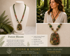 Forest Bloom signature image featuring handcrafted Unakite pendant necklace with Kambaba Jasper, Red Malaysian Jade, artisan model, pendant close-up, and forest-inspired styling by Stone & Story Jewelry.