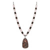 Blush of the Earth handcrafted necklace featuring genuine rose quartz tube beads, smoky quartz spacer beads, and a polished leopard skin jasper pendant displayed on a white background.