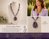 Stone & Story Jewelry promotional collage featuring the Purely Amethyst Within handcrafted amethyst necklace with jewelry bust display, lifestyle model, close-up pendant detail, gemstone features, and artisan branding in lavender and gold.