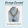 Driftwood & Shell one-of-a-kind Vintage Curated coastal necklace by Stone & Story Jewelry featuring natural coconut shell beads and a mother-of-pearl shell pendant.