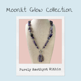 Purely Amethyst Within amethyst statement necklace from the Moonlit Glow Collection displayed on branded collection card