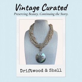 Driftwood & Shell one-of-a-kind Vintage Curated coastal necklace by Stone & Story Jewelry featuring natural coconut shell beads and a mother-of-pearl shell pendant.