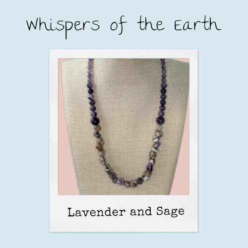 Lavender and Sage amethyst necklace displayed with Whispers of the Earth collection branding.