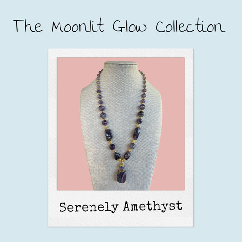Polaroid-style graphic featuring the Serenely Amethyst Necklace on a linen display. Text reads 'The Moonlit Glow Collection' and 'Serenely Amethyst' against a soft blue background. Promotional image for the Moonlit Glow Collection by Stone & Story Jewelry.