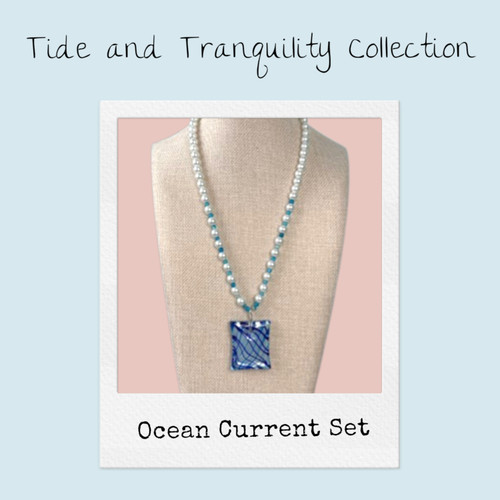 Collection title page for the Ocean Current Necklace Set featuring vintage lampwork glass pendant, blue agate spacers, and glass pearls displayed on jewelry bust.