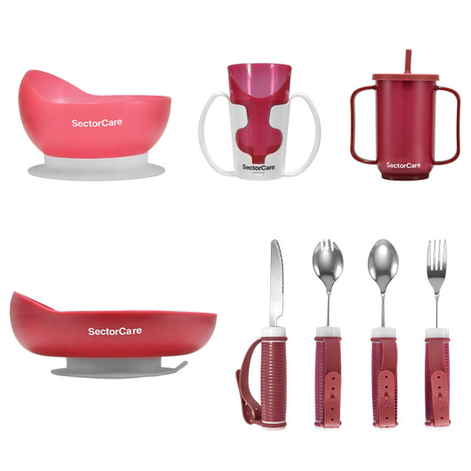 SectorCare Adaptive Dining Set 8 Piece Suction Base Cutlery Burgundy