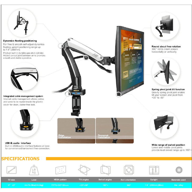 Monitor Mount Desktop 17''- 27'' Twin USB