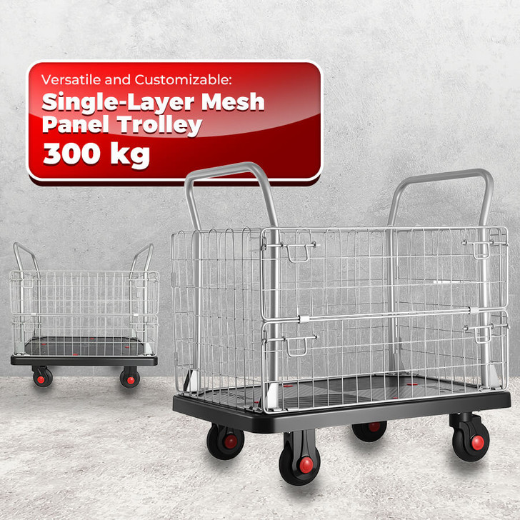 Heavy-Duty Warehouse Cage Trolley Dual Handle with Mesh Sides