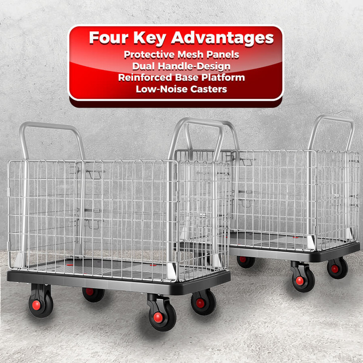 Heavy-Duty Warehouse Cage Trolley Dual Handle with Mesh Sides