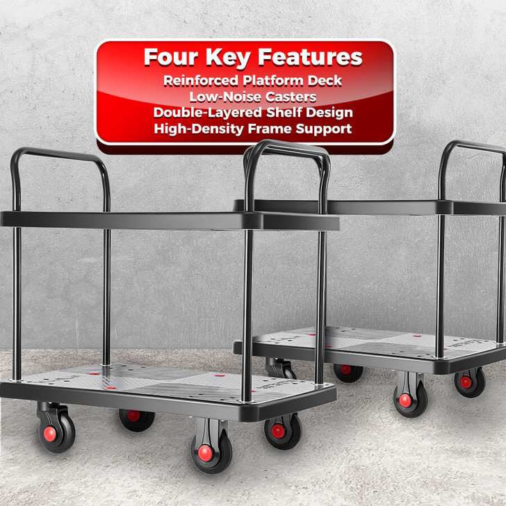 Double Layer Utility Trolley Silent Castors & Dual Handles