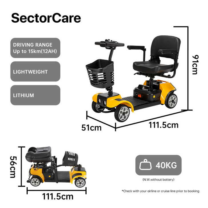 SectorCare Travel Mobility Scooter - Yellow