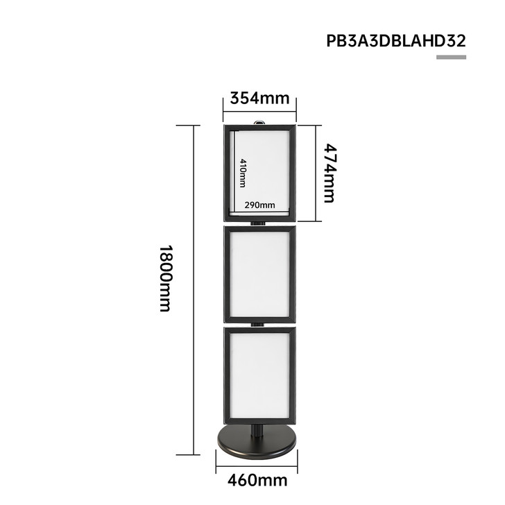 3x A3 Poster Stand - Double Sided Black With 32mm Heavy Duty Snap Frame
