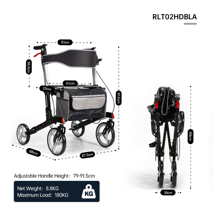 SectorCare GlideRoll Heavy Duty Rollator Walker - Black