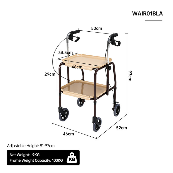 SectorCare Height-Adjustable Indoor Walker Trolley with Two Trays