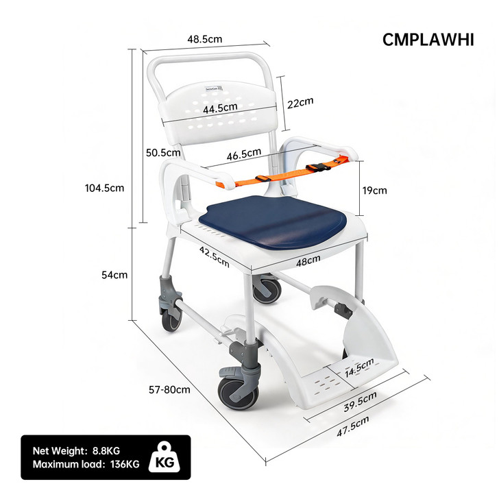 SectorCare Mobile Shower Commode Chair 4 in 1 with 136kg Capacity White