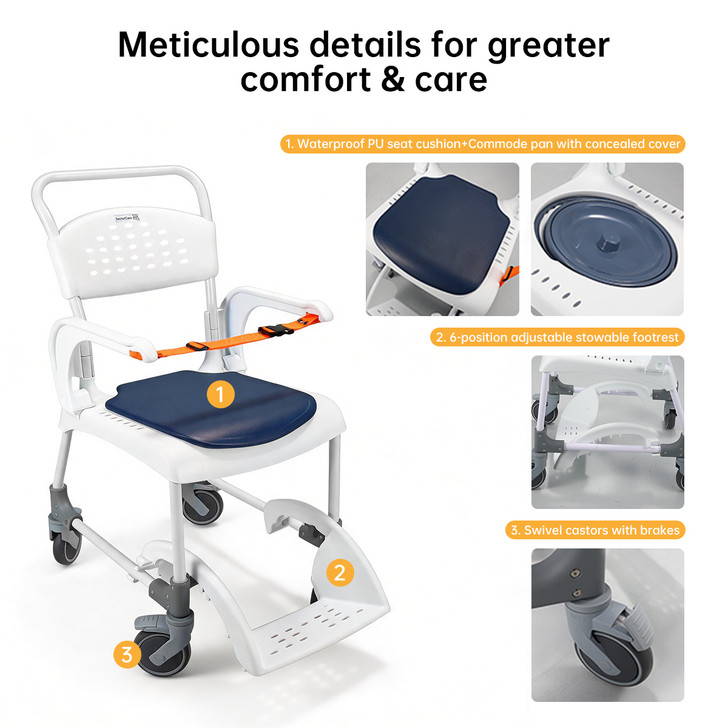 SectorCare Mobile Shower Commode Chair 4 in 1 with 136kg Capacity White