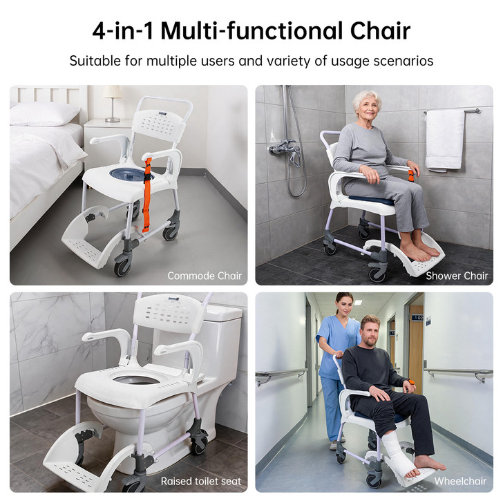 SectorCare Mobile Shower Commode Chair 4 in 1 with 136kg Capacity White