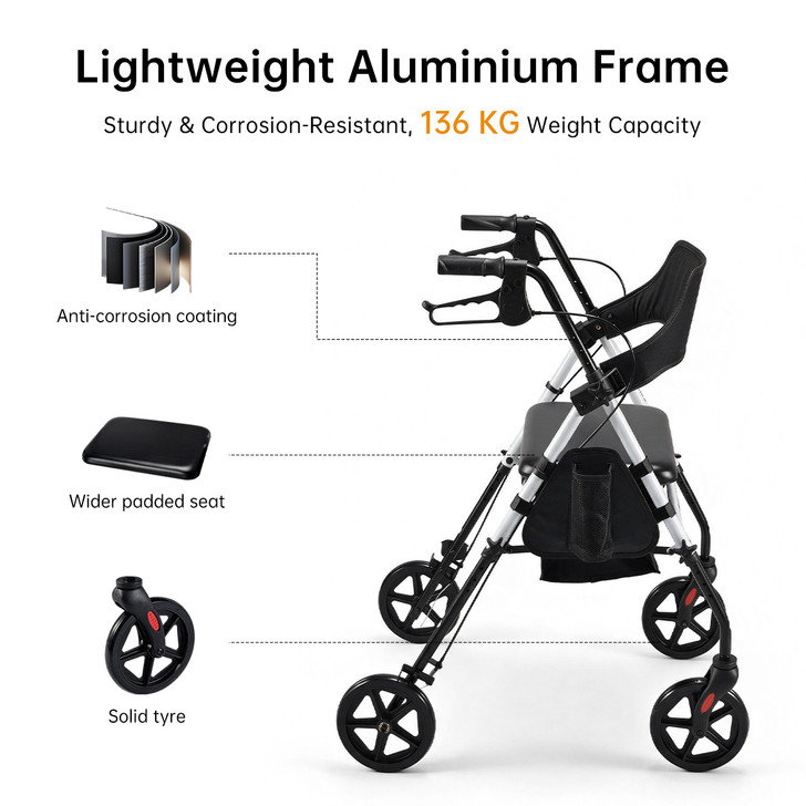 SectorCare Foldable 4 Wheel Rollator Walker with Seat 136kg White