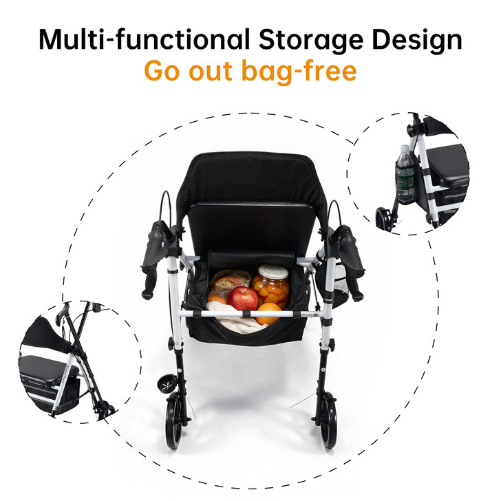 SectorCare Foldable 4 Wheel Rollator Walker with Seat 136kg White