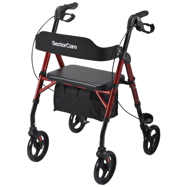 SectorCare Lightweight Aluminium Rollator Walker with Seat, Red