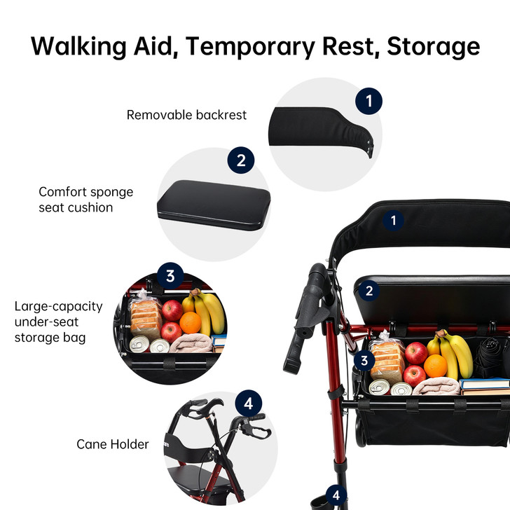SectorCare Lightweight Aluminium Rollator Walker with Seat, Red