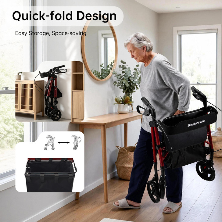 SectorCare Lightweight Aluminium Rollator Walker with Seat, Red