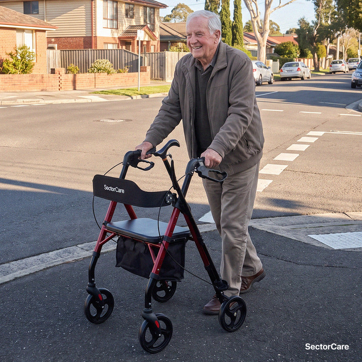 SectorCare Lightweight Aluminium Rollator Walker with Seat, Red