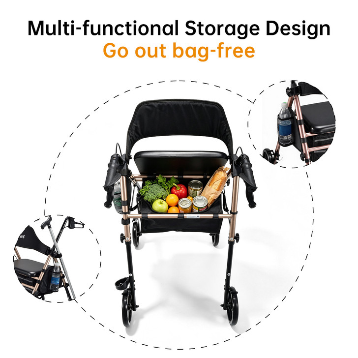 SectorCare Foldable 4 Wheel Rollator Walker with Seat 136kg Champagne