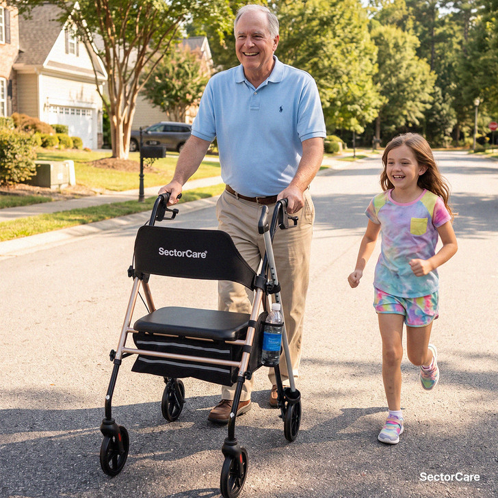 SectorCare Foldable 4 Wheel Rollator Walker with Seat 136kg Champagne