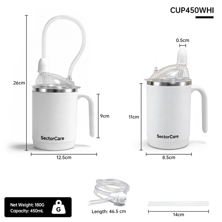 SectorCare 3 in 1 Spill Proof Feeding Cup 450ml with Long Straw White