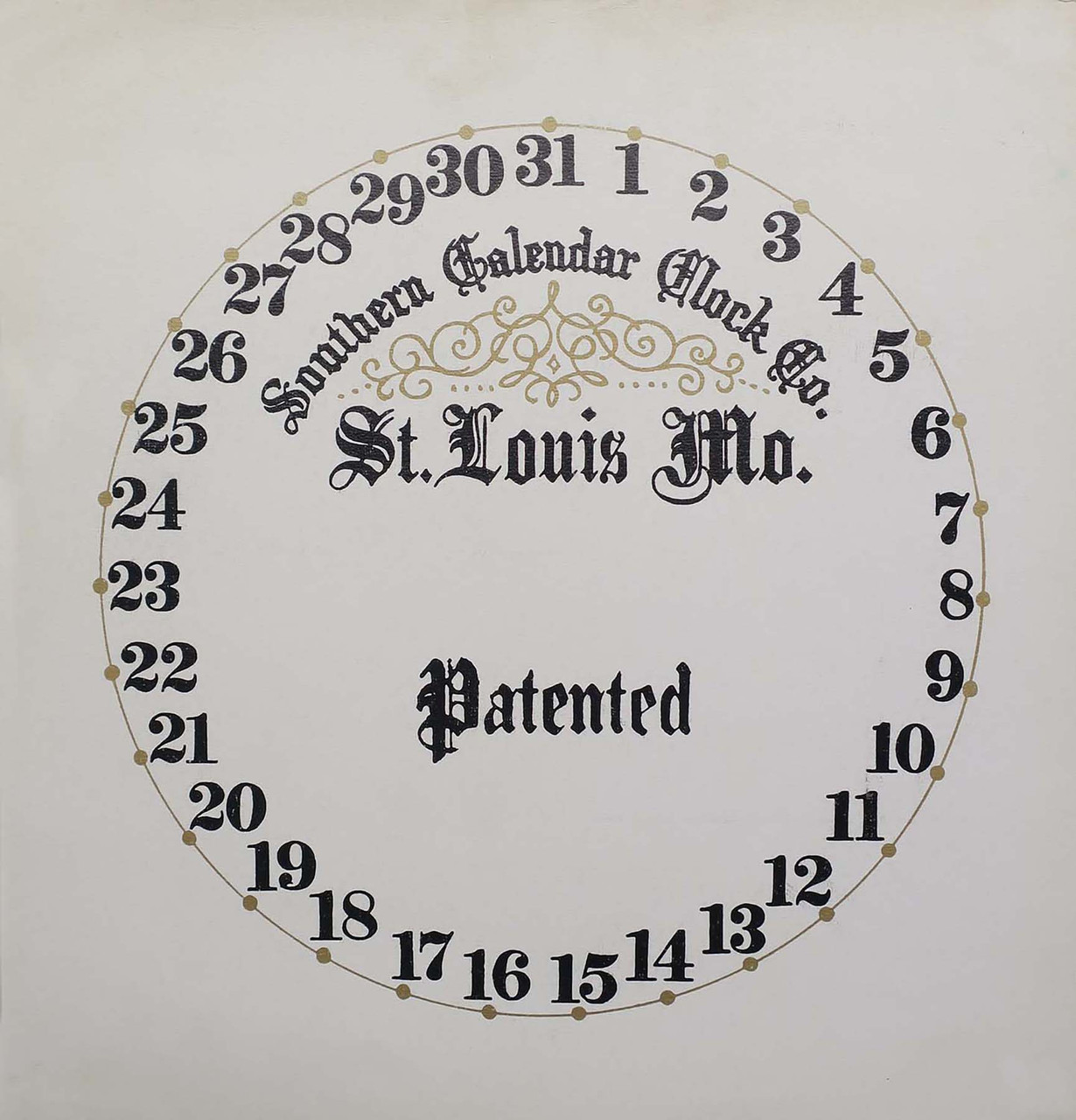7 1/2" SOUTHERN CALENDAR CLOCK FANCY DATE WITH PATENT PAPER DIALS