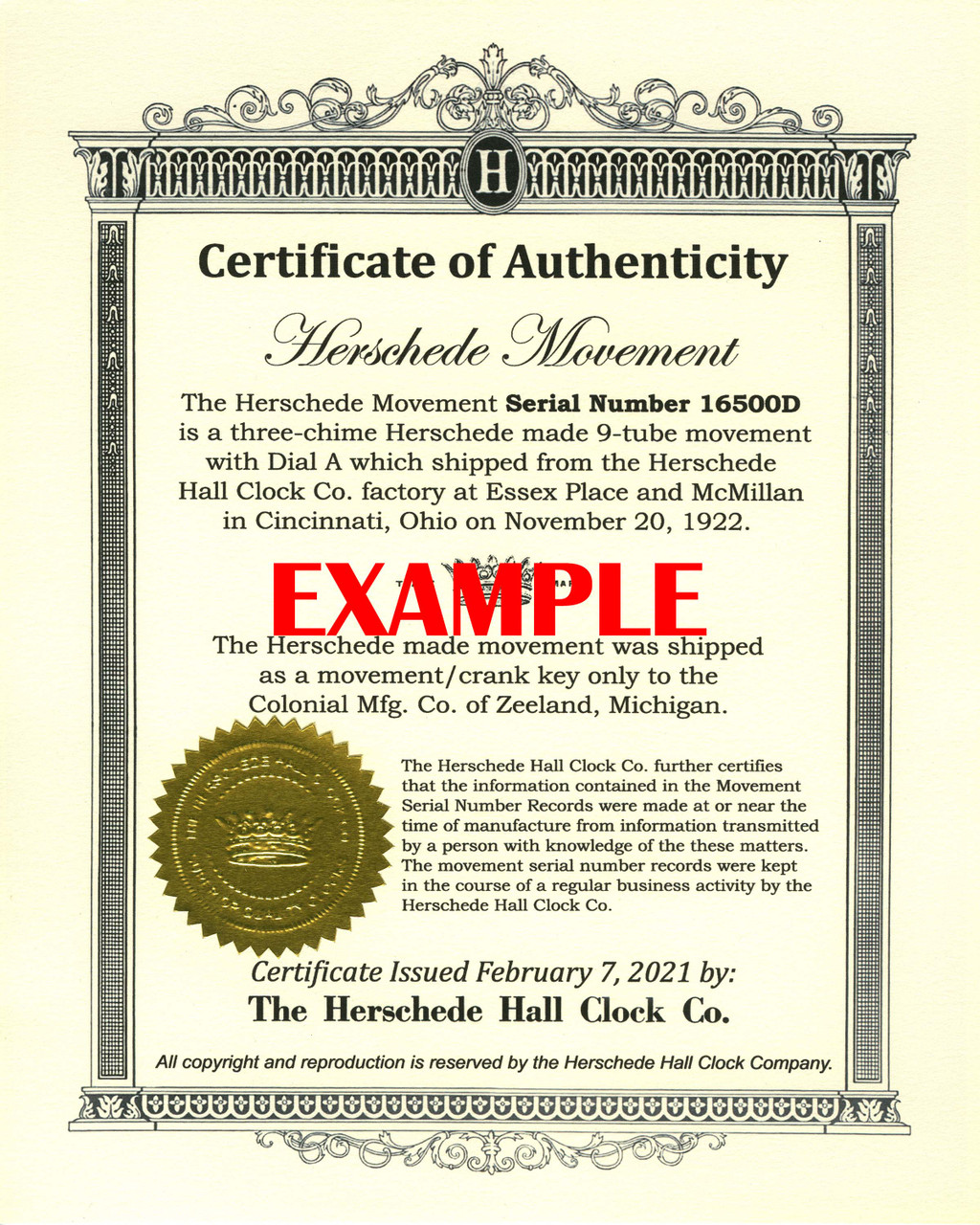 HERSCHEDE MOVEMENT CERTIFICATE OF AUTHENTICITY FOR COLONIAL MFG CLOCK CO.