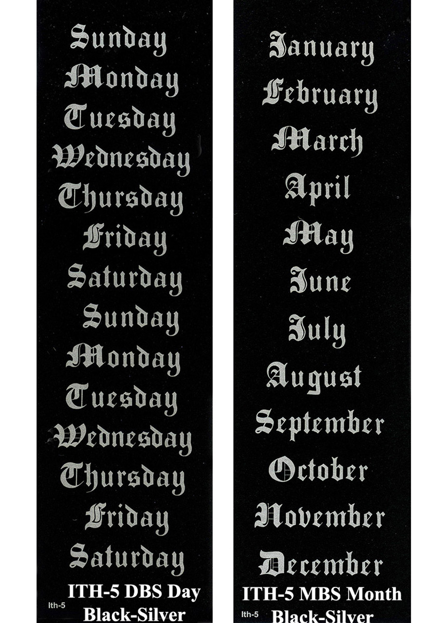 ITHACA PAPER DAY AND MONTH STYLE5 BLACK/SILVER GOTHIC CALENDAR STRIPS