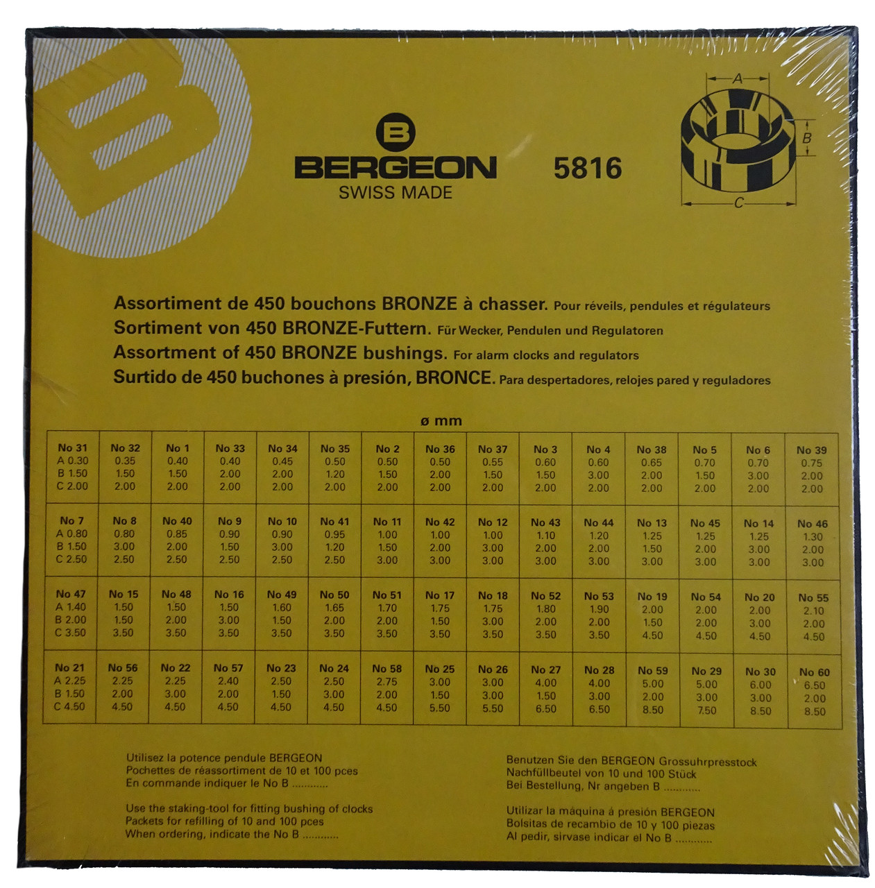 BERGEON 5816 BRONZE 450 PIECE BUSHING ASST. (B1 to B60) SWISS