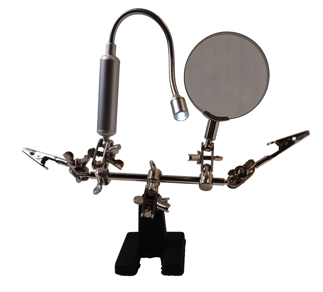 DOUBLE THIRD HAND WITH CLAMPS, LED LIGHT, AND MAGNIFYING GLASS