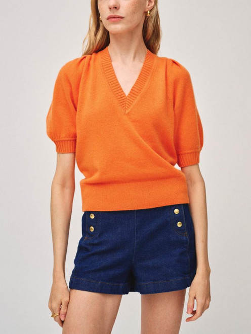 Cashmere Puff Sleeve V-Neck - Bright Tangerine