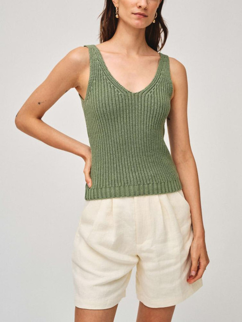 Cotton Linen Ribbed Tank Top - Faded Matcha