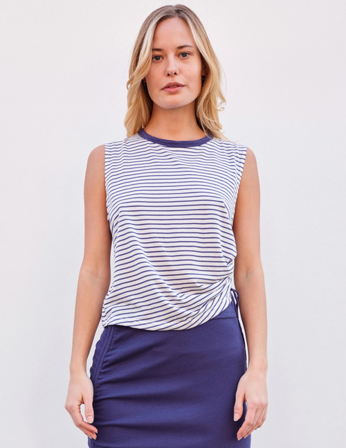 Shirred Muscle Tank - Optic White Classic Stripe