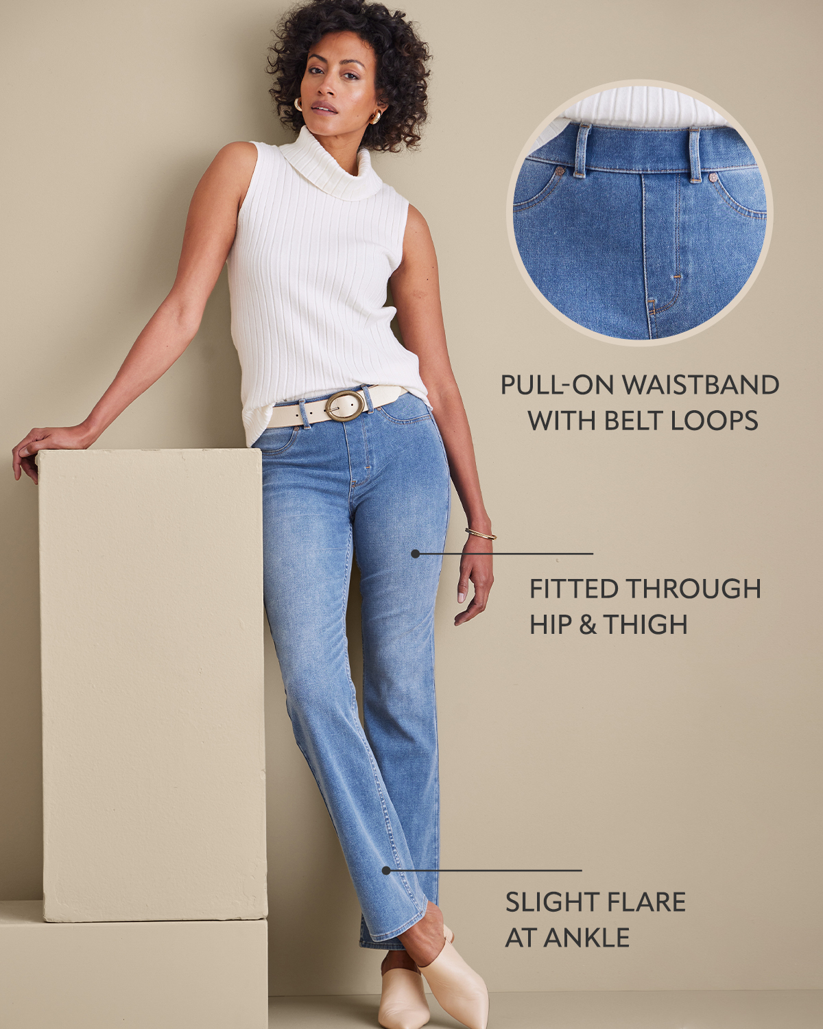 Bootcut pant image of model in the light wash Ultimate Denim Pull On Bootcut Jeans