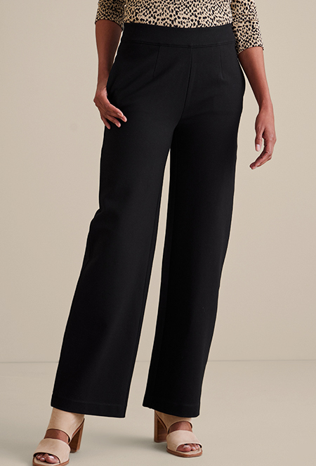Wide pant image featuring the black Soft Essential Ponte Wide Leg Pants