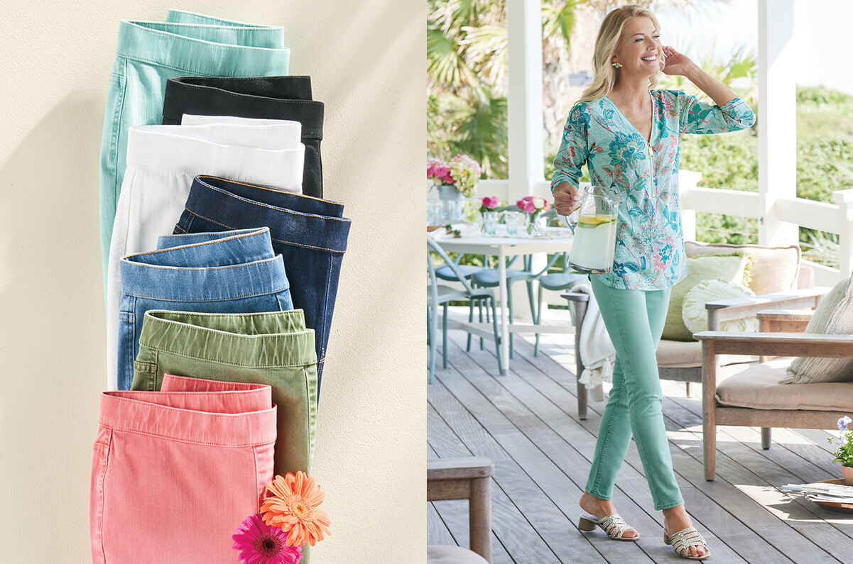 Image of several jeans in multiple bright colors