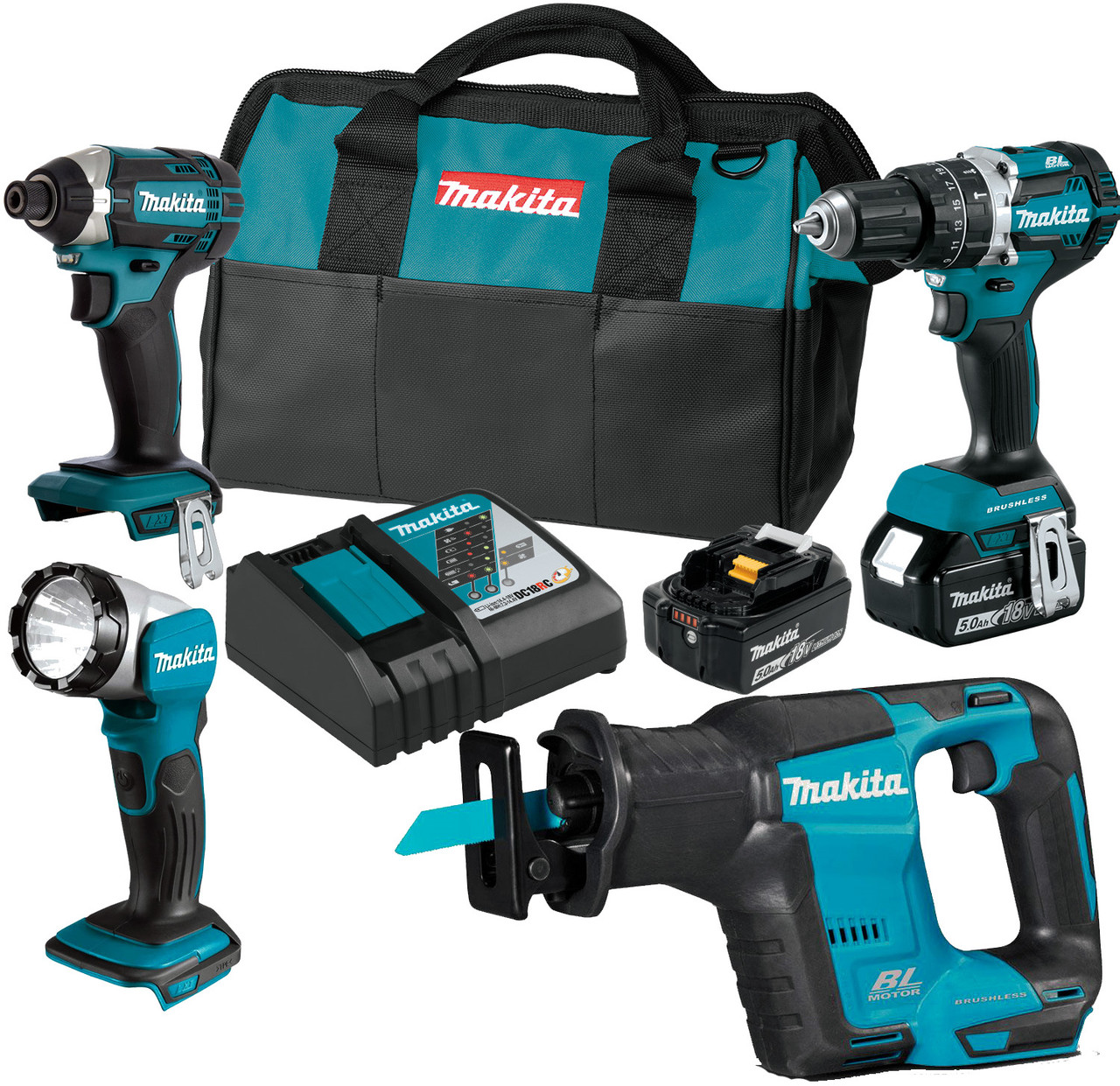 Makita 4 Tool Combo Kit Brushless Cordless 18V 5Ah Lithium Ion