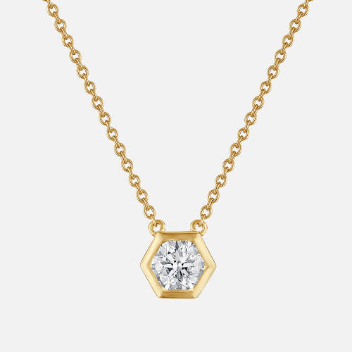 Refined 18 inch small necklace with honeycomb diamond solitare on yellow gold chain