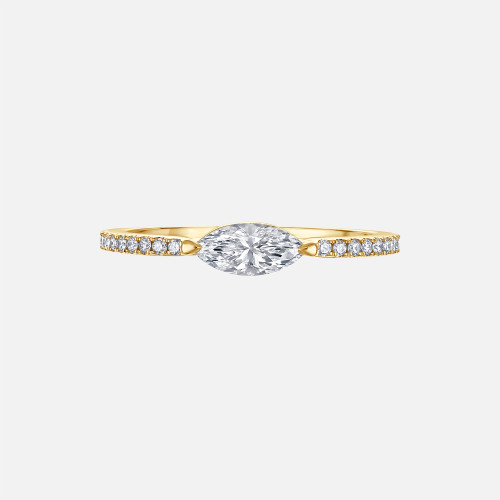 Refined pave diamond ring with marquise diamond center in yellow gold